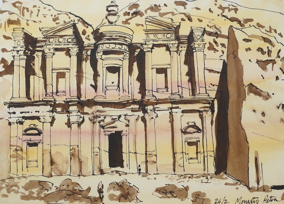 From the Studio of Fred Cuming. Lincoln Taber (1941-1989) pencil and ink, 'Petra, Jordan', inscribed and dated 25/2, 20 x 28cm. Condition - good